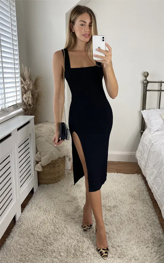 Sleeveless Split Thigh Bodycon Ribbed Dress In Black 3 Sleeveless Split Thigh Bodycon Ribbed Dress In Black