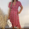 Red Short Sleeve Floral Midi Wrap Dress -UK Skirt Sales 2023 MF D 1055 1 SF
