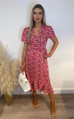 Red Short Sleeve Floral Midi Wrap Dress