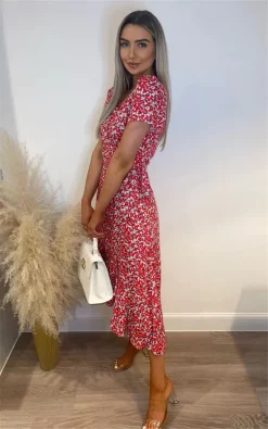 Red Short Sleeve Floral Midi Wrap Dress -UK Skirt Sales 2023 MF D 1055 2 SF