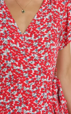Red Short Sleeve Floral Midi Wrap Dress -UK Skirt Sales 2023 MF D 1055 6 SF