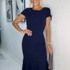 Short Sleeve Bodycon Midi Mermaid Dress In Navy -UK Skirt Sales 2023 MF D 1129 NAY 2 SF