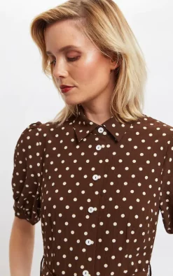 Louche Mollie Pretty Woman Print Midi Shirt Dress -UK Skirt Sales 2023 MOLLIE PRETTY WOMAN SPOT BROWN 3