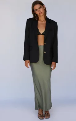 Khaki Satin Midi Skirt