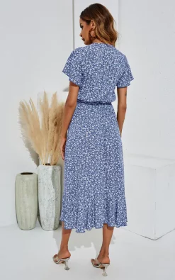 Floral Print Wrap Hem Midi Dress In Blue -UK Skirt Sales 2023 PHD 448033
