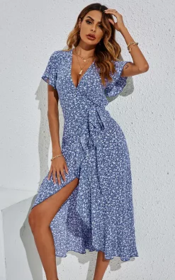 Floral Print Wrap Hem Midi Dress In Blue -UK Skirt Sales 2023 PHD 449333