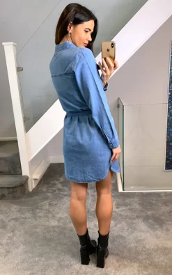 Pieces Denim Shirt Dress With Waist Tie In Medium Blue -UK Skirt Sales 2023 Photo 04 01 2022 10 22 45