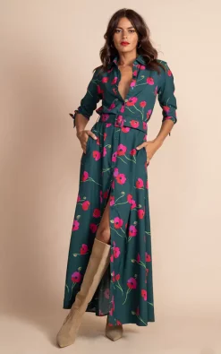 Dove Dress In Poppies On Dark Green