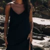 Linen Midi Slip Dress In Black