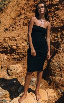 Strapless Knitted Midi Dress In Black