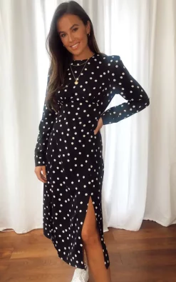 Cass Long Sleeves Split Leg Midi Dress Polka