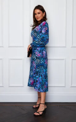 Cass Long Sleeve Split Leg Midi Dress Blue/Purple Animal -UK Skirt Sales 2023 SI7015 4