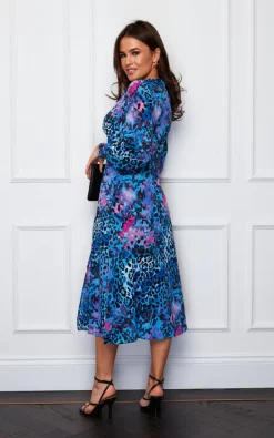 Cass Long Sleeve Split Leg Midi Dress Blue/Purple Animal -UK Skirt Sales 2023 SI7015 5