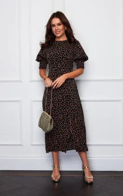 Shayla Shirred Cuff Midi Dress Black Ditsy Heart