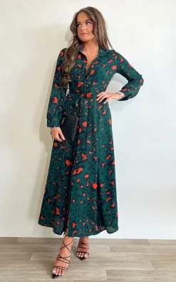Brielle Long Sleeve Shirt Maxi Dress Emerald/Orange Leopard