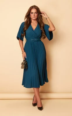 Felicia Teal Pleated Detail Midi Dress