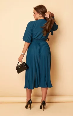 Felicia Teal Pleated Detail Midi Dress -UK Skirt Sales 2023 SI7211DP 5