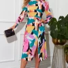 Cass Multi Abstract Long Sleeve Split Leg Midi Dress -UK Skirt Sales 2023 SI7236H1