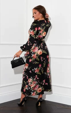 Thea Black Floral Long Sleeve Wrap Midaxi Dress -UK Skirt Sales 2023 SI7357A 4