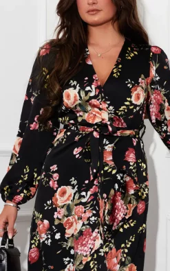 Thea Black Floral Long Sleeve Wrap Midaxi Dress -UK Skirt Sales 2023 SI7357A 5