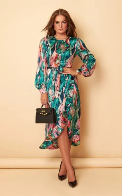 Danica Teal & Pink Tie Dye Frill Skirt Long Sleeve Midi Dress