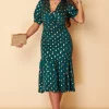 Nylah Emerald With Gold Foil Puff Sleeve Ruching Detail Midi Dress