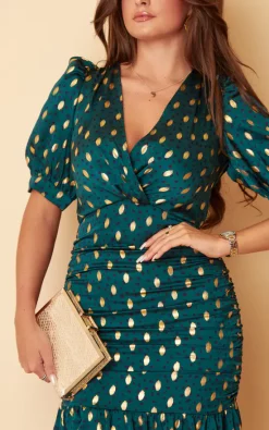 Nylah Emerald With Gold Foil Puff Sleeve Ruching Detail Midi Dress -UK Skirt Sales 2023 SI7393C 4