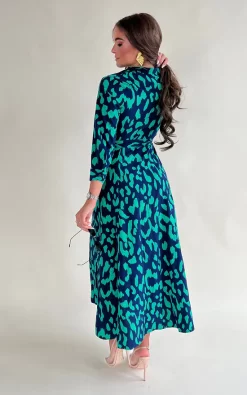Brielle Navy & Green Leopard Print Long Sleeve Shirt Maxi Dress -UK Skirt Sales 2023 SI7433 C.1