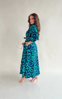 Brielle Navy & Green Leopard Print Long Sleeve Shirt Maxi Dress -UK Skirt Sales 2023 SI7433C8