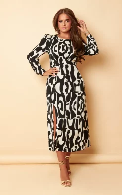Ashanti Abstract Monochrome Long Sleeve Split Midi Dress