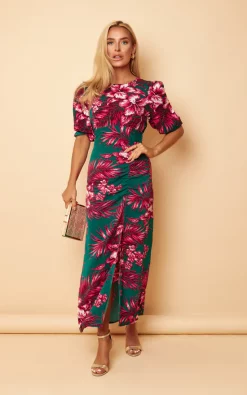 Lucy Pink & Green Floral High Neck Ruched Midi Dress