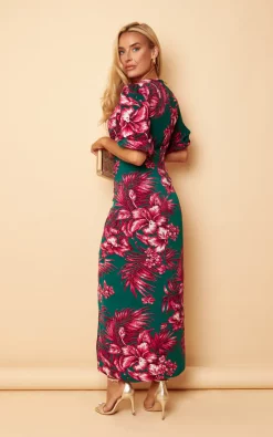 Lucy Pink & Green Floral High Neck Ruched Midi Dress -UK Skirt Sales 2023 SI7523A5