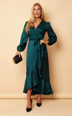 Julia Emerald Leopard Wrap Over Maxi Dress