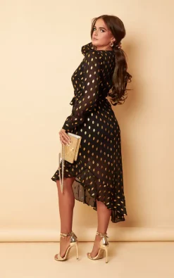 Tanya Black & Gold Foil Asymmetric Midi Dress -UK Skirt Sales 2023 SI7541A5