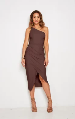 Brown One Shoulder Wrap Bodycon