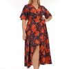Plus Size Orange/Navy Floral Print Plunge Neck Maxi Wrap Dress -UK Skirt Sales 2023 WPS 2 sf formatted