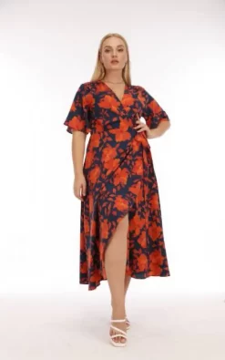 Plus Size Orange/Navy Floral Print Plunge Neck Maxi Wrap Dress