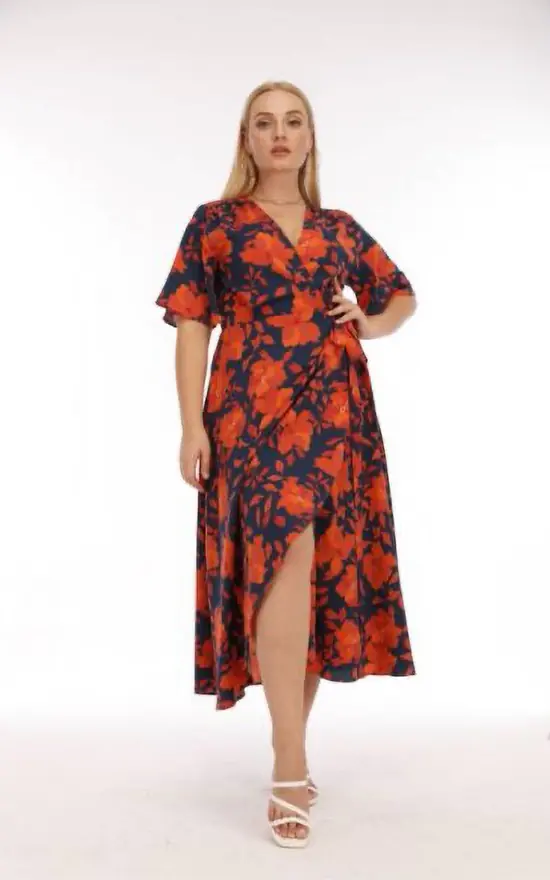 Plus Size Orange/Navy Floral Print Plunge Neck Maxi Wrap Dress 3 Plus Size Orange/Navy Floral Print Plunge Neck Maxi Wrap Dress