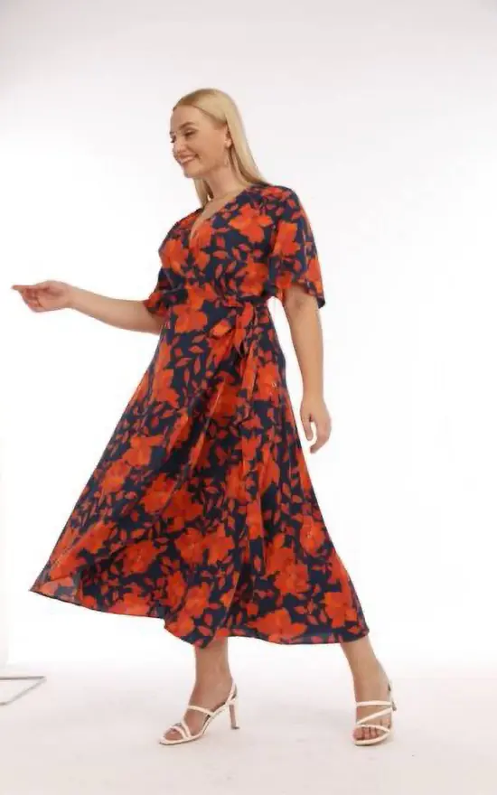 Plus Size Orange/Navy Floral Print Plunge Neck Maxi Wrap Dress 4 Plus Size Orange/Navy Floral Print Plunge Neck Maxi Wrap Dress - Image 2
