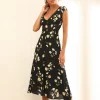 Floral Print Cap Sleeve Split Midi Dress In Black 2 Floral Print Cap Sleeve Split Midi Dress In Black -UK Skirt Sales 2023 WS D 0097 2