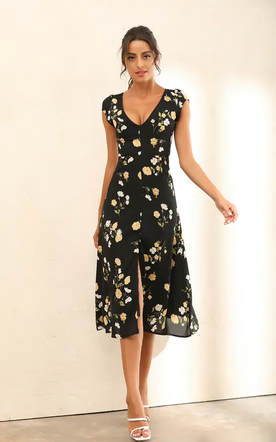 Floral Print Cap Sleeve Split Midi Dress In Black 4 Floral Print Cap Sleeve Split Midi Dress In Black - Image 2
