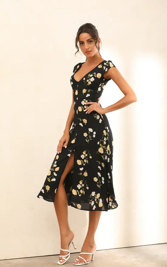 Floral Print Cap Sleeve Split Midi Dress In Black 5 Floral Print Cap Sleeve Split Midi Dress In Black - Image 3