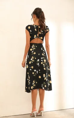 Floral Print Cap Sleeve Split Midi Dress In Black 9 Floral Print Cap Sleeve Split Midi Dress In Black -UK Skirt Sales 2023 WS D 0097 7