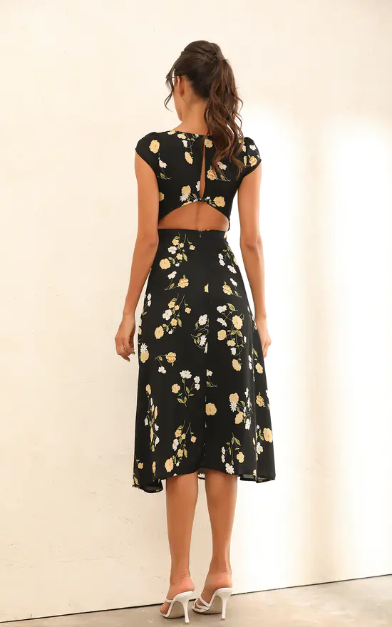 Floral Print Cap Sleeve Split Midi Dress In Black 6 Floral Print Cap Sleeve Split Midi Dress In Black - Image 4