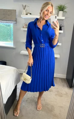 Mela Pleated Skirt Midi Dress With Gold Buckle In Blue -UK Skirt Sales 2023 Yumi melia sasha 07 09 20225