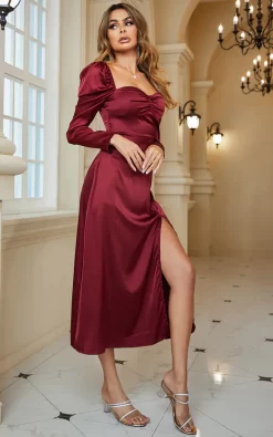 Long Sleeve Split Dress In Wine Red -UK Skirt Sales 2023 ak4839