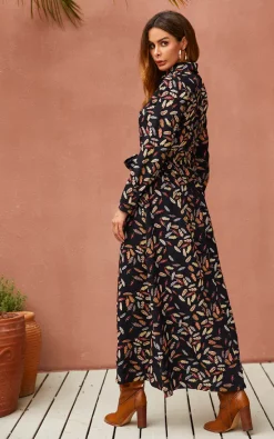 Leaf Print Black Maxi Shirt Dress With Tie Waist + Free Gold Stretch Leaf Belt 8 Leaf Print Black Maxi Shirt Dress With Tie Waist + Free Gold Stretch Leaf Belt -UK Skirt Sales 2023 am7617