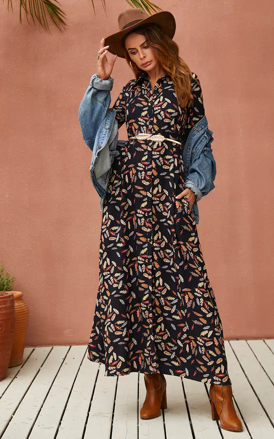 Leaf Print Black Maxi Shirt Dress With Tie Waist + Free Gold Stretch Leaf Belt 6 Leaf Print Black Maxi Shirt Dress With Tie Waist + Free Gold Stretch Leaf Belt - Image 4