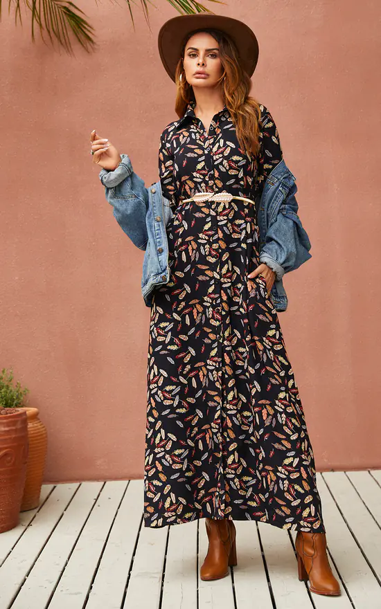 Leaf Print Black Maxi Shirt Dress With Tie Waist + Free Gold Stretch Leaf Belt 4 Leaf Print Black Maxi Shirt Dress With Tie Waist + Free Gold Stretch Leaf Belt - Image 2