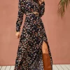 Leaf Print Black Maxi Shirt Dress With Tie Waist + Free Gold Stretch Leaf Belt